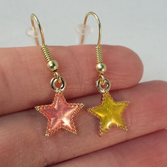 Gold Plated Pink Yellow Star Shape Hook Dangle Earrings Party Gift - Picture 1 of 2